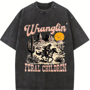 Retro Wranglin' Feral Children Raccoon 90s Western Vintage Washed T-Shirt in Black