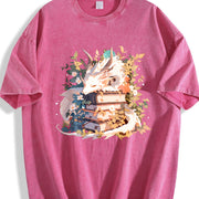 Animal Series: White Dragon Lying on Books with Floral. Vintage Washed T-Shirt in Red