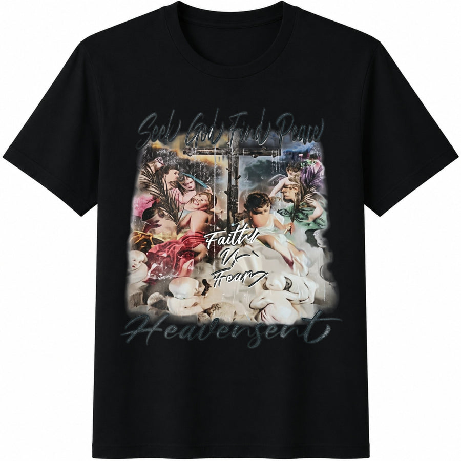 Seek God Find Peace Heaven Sent Cotton T-Shirt in Black