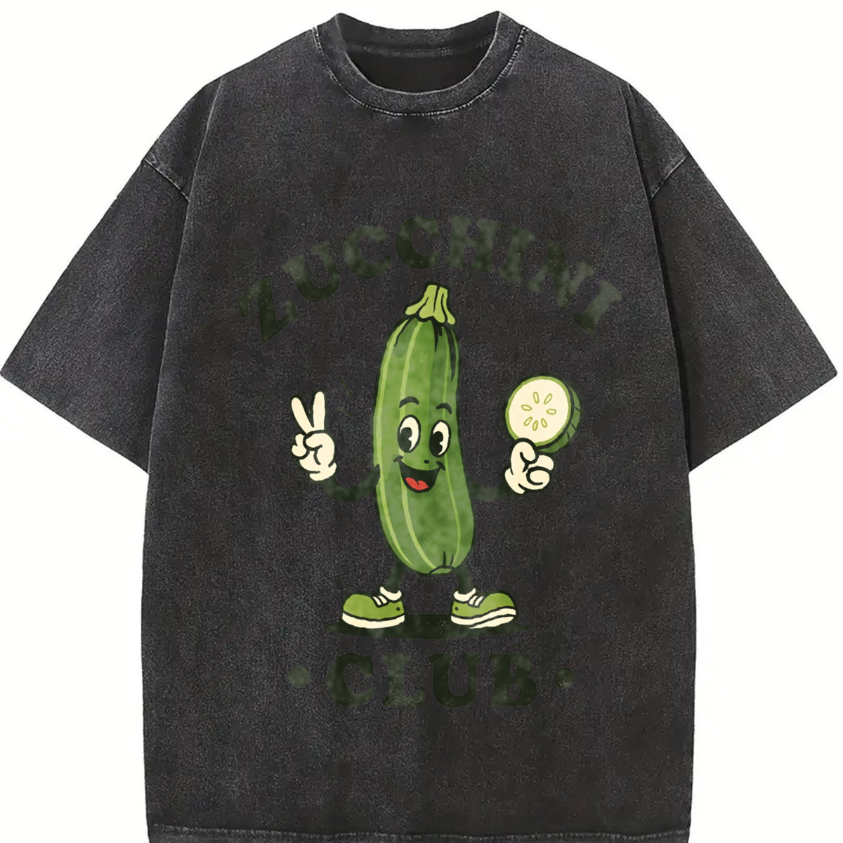 Zucchini Club Veggie Lover Retro Cartoon Vintage Washed T-Shirt in Black