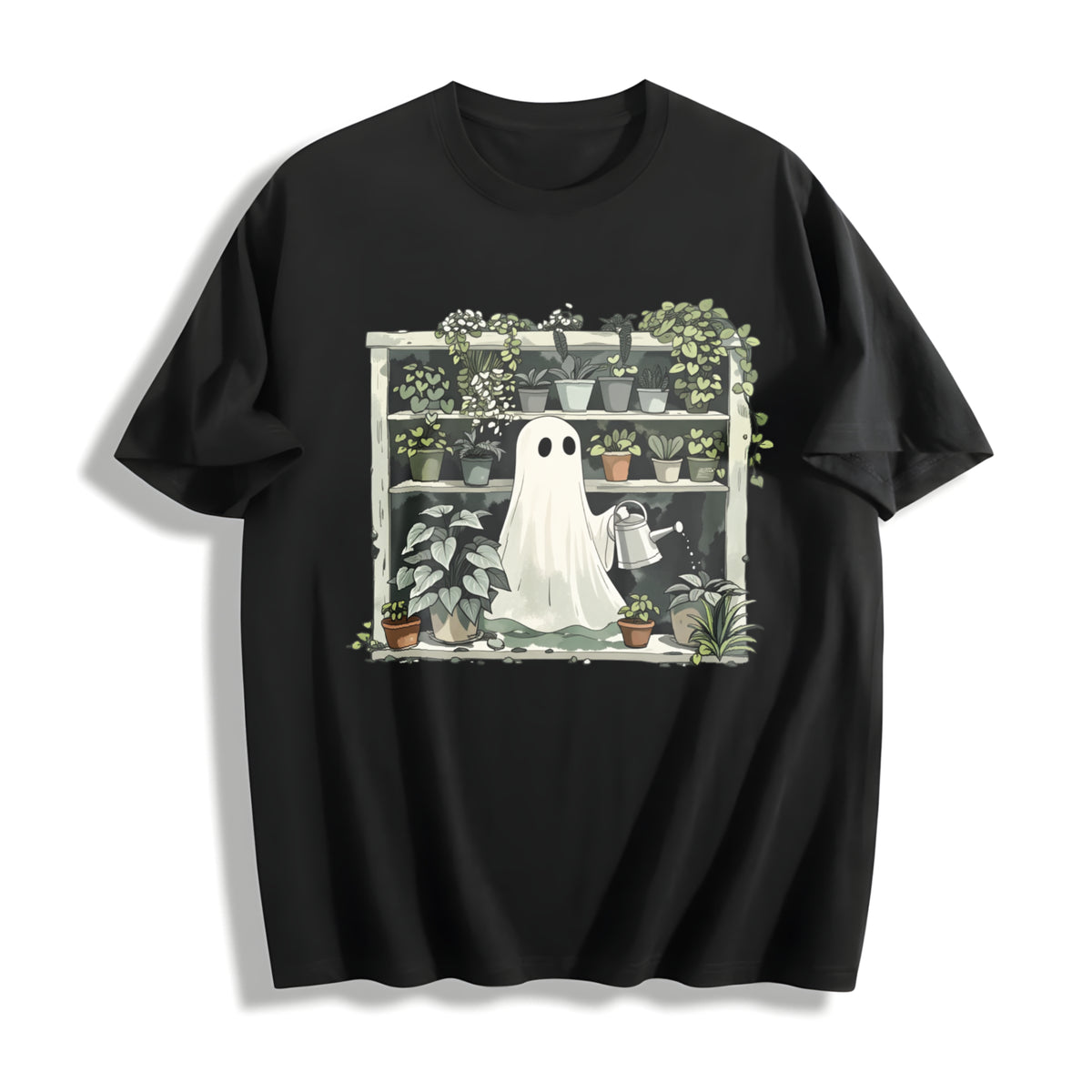 Plant Ghost Halloween Plant Cotton T-Shirt in Black