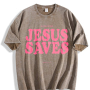 Jesus Saves Christian Gym Pump Cover vintage washed oversized T-shirt in Brown