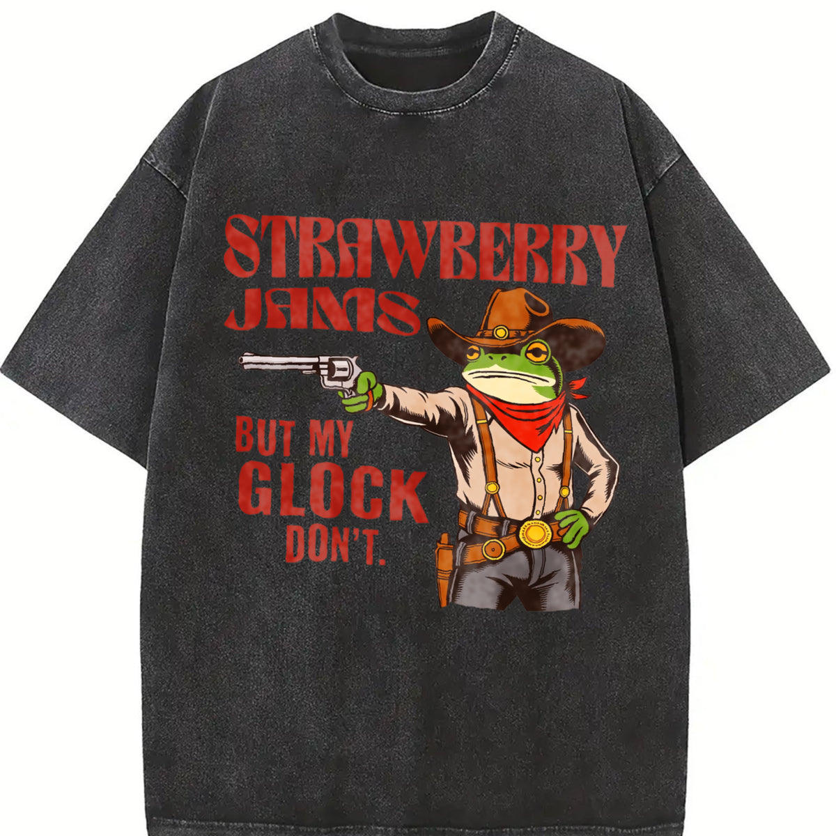 Strawberry Jams but My Glock Don't Frog Meme Western Vintage Washed T-Shirt in Black