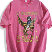 Sister Autumn: Witch Riding a Flying Dragon Letter Vintage Washed T-Shirt in Red