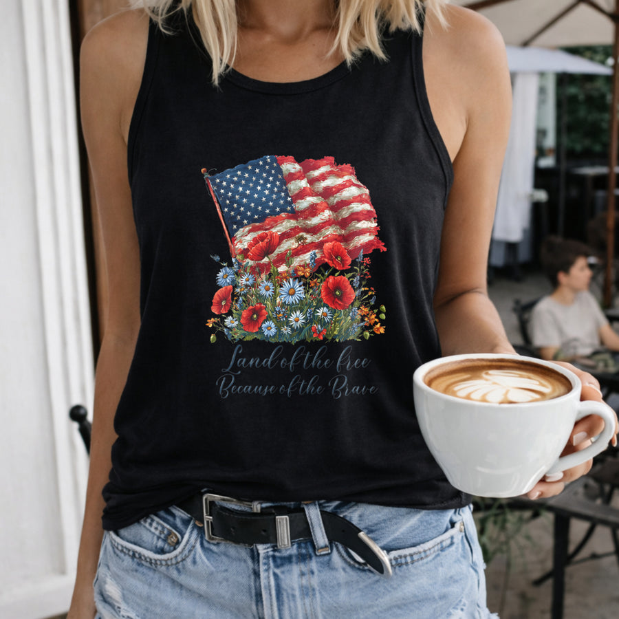 Land of the Free Because of the Brave Patriotic Women's Color Cotton Tank Top in Black
