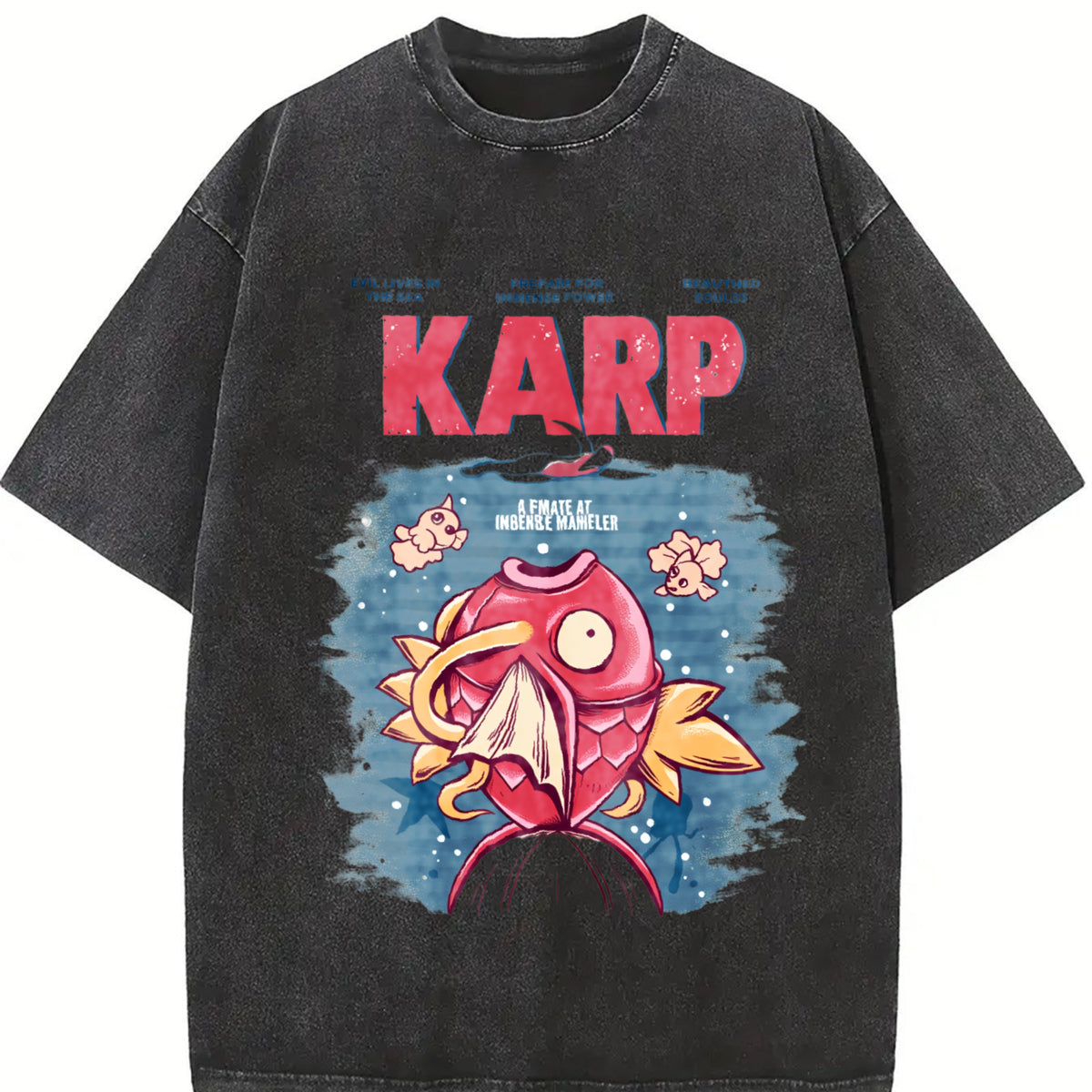 Jaws x Magikarp Poke Anime vintage washed oversized T-shirt in Black