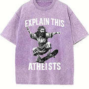 Jesus Skate Explain This Atheists Meme 90s Vintage Washed T-Shirt in Purple