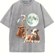 Cow Howling at Moon 90s Vintage Washed T-Shirt in Gray
