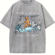 Let's Roll Golf Cart Golden Retriever Vintage Washed T-Shirt in Gray