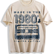 Made in the 1980s Retro Cassette Tape Music Cute Ladies Vintage Washed T-Shirt in Beige