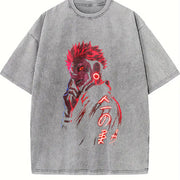 Ryomen Sukuna Jujutsu Kaisen Heavy Neon Red Anime vintage washed oversized T-shirt in Gray