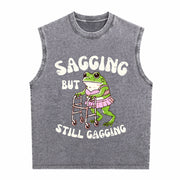 Sagging but Still Gagging Frog Cringe Meme Vintage Washed Tank Top in Gray