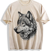 Retro Wolf Face Hand Drawing 90s Vintage Washed T-Shirt in Beige