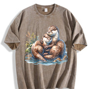 Two River Otters Cuddling Wilderness 90s Vintage Washed T-Shirt in Brown