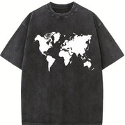 World Map Vintage Washed T-Shirt in Black