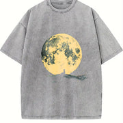 Retro Moon and Lonely Man Vintage Washed T-Shirt in Gray