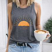 Sunset Horizon Lines Rays Water Crew-neck Sleeveless Vest Women's Color Cotton Tank Top in Gray