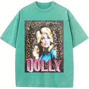 Dolly Parton Retro 80s Country Music Autograph Vintage Washed T-Shirt in Blue
