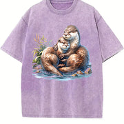 Two River Otters Cuddling Wilderness 90s Vintage Washed T-Shirt in Purple