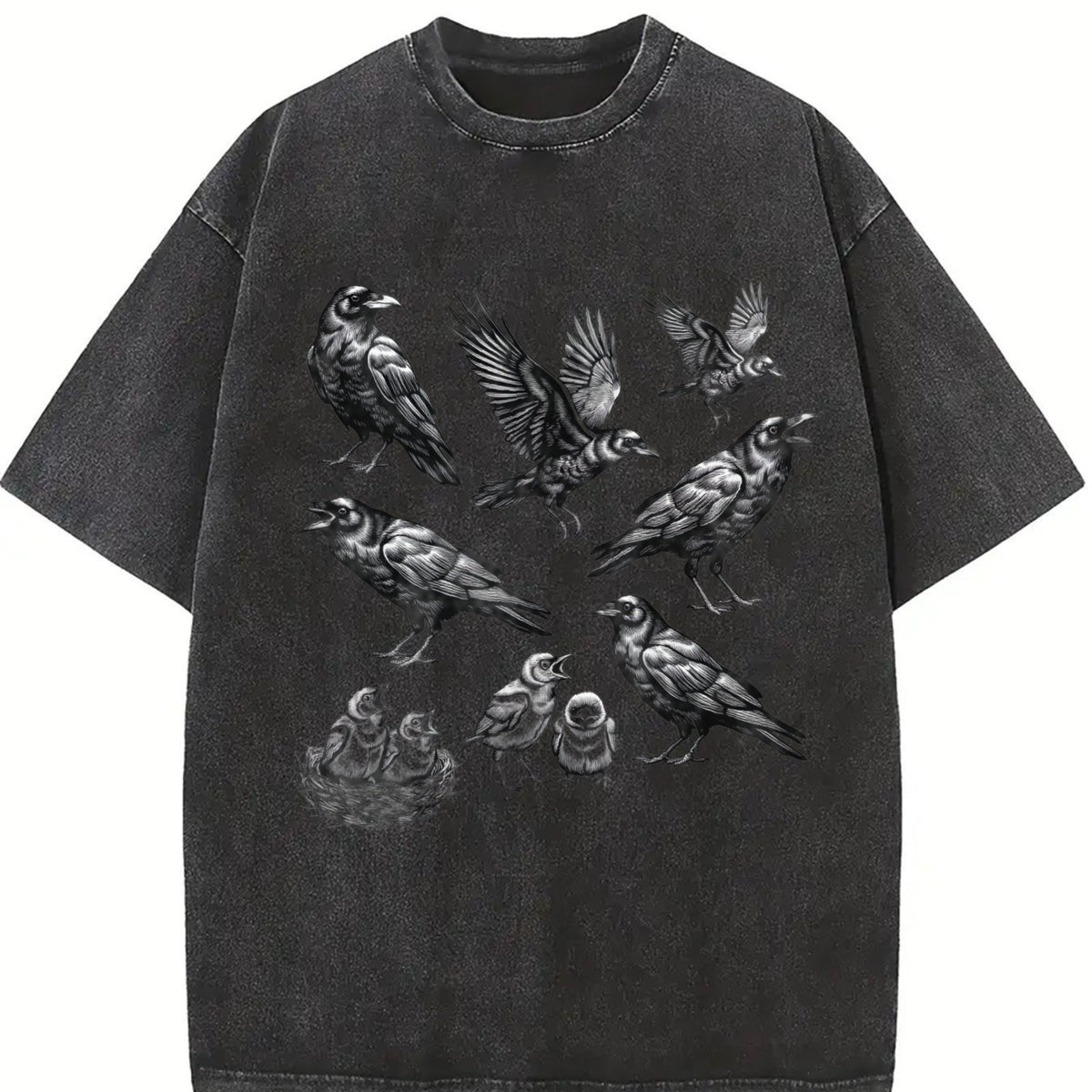 Raven 90s Tattoo Retro ® Y2k Crow Gothic Vintage Washed T-Shirt in Black
