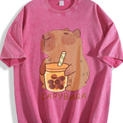 Cute Capybara & Capybara Tea Vintage Washed T-Shirt in Red