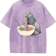 Pigeon Ramen Retro Pigeon Eating Noodles Vintage Washed T-Shirt in Purple