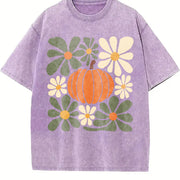 Retro Pumpkin Fall Floral Pumpkin Vintage Washed T-Shirt in Purple