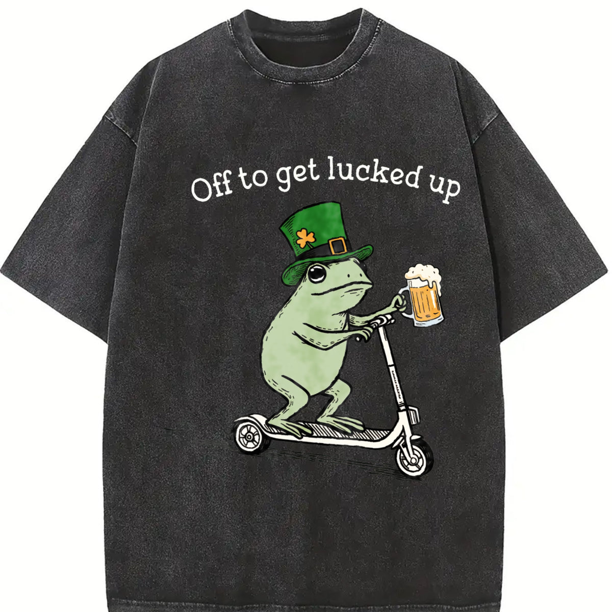 St Patricks Day Frog Off to Get Lucked Up Lucky Shamrock Vintage Washed T-Shirt in Black