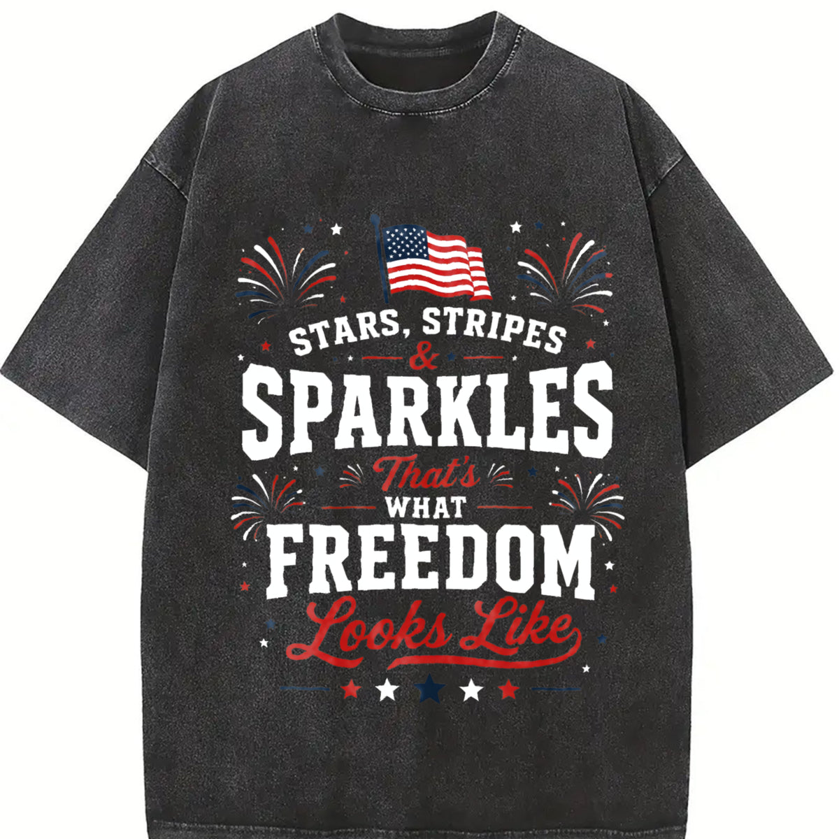 Stars Stripes and Sparkles Freedom Vintage Washed T-Shirt in Black