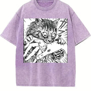 Cat Bite Japanese Horror Anime Vintage Washed T-Shirt in Purple