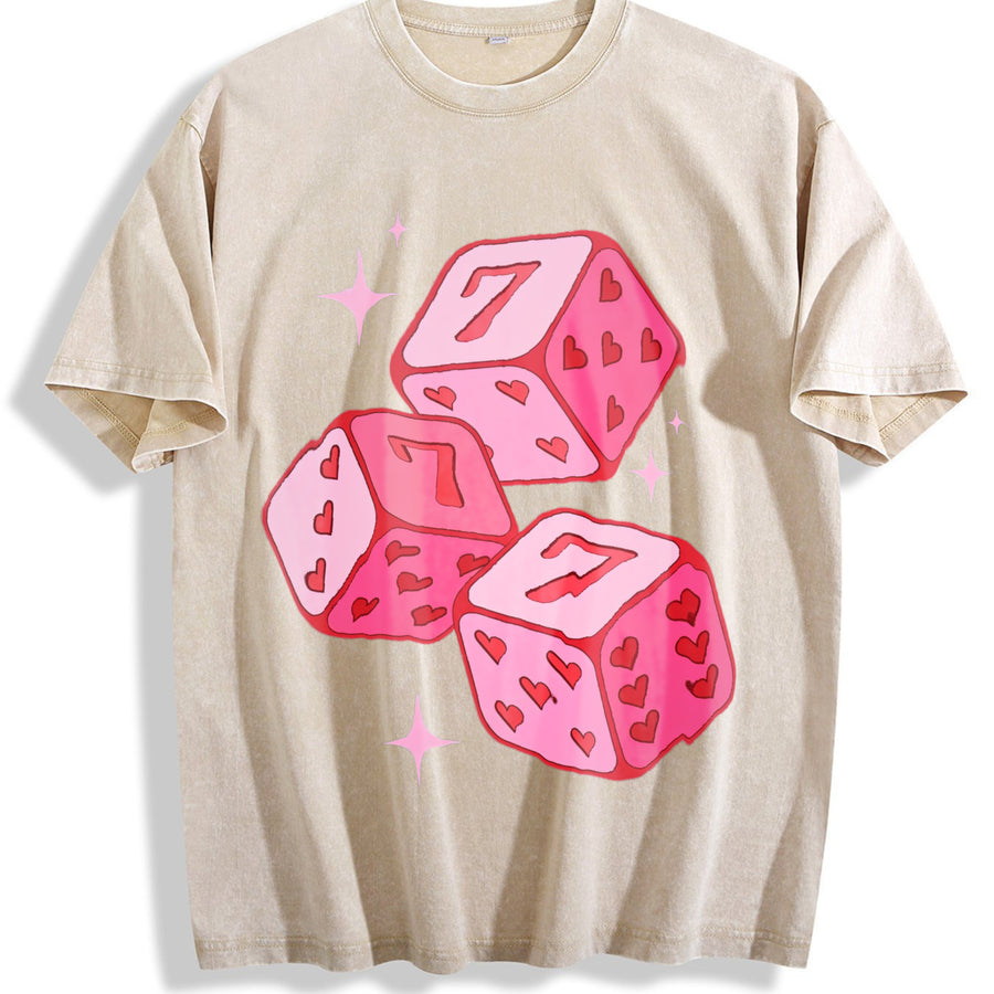 Pink Lucky 7 Dice Vintage Washed T-Shirt in Beige