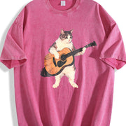 Guitar Cat Retro Music Cats Vintage Washed T-Shirt in Red