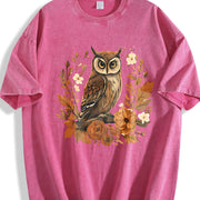 Autumn Leaf Flower Owl One-piece Vintage Washed T-Shirt in Red