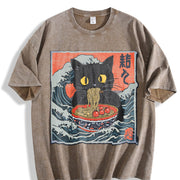 Retro Cat Eating Ramen 90s Vintage Washed T-Shirt in Brown