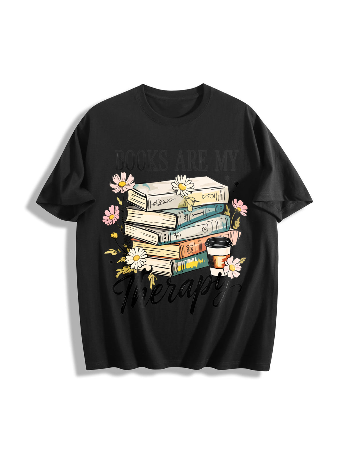 Retro Floral Book Lover Cotton T-Shirt in Black