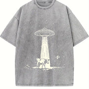 Retro Cow and Western UFO 90s Vintage Washed T-Shirt in Gray