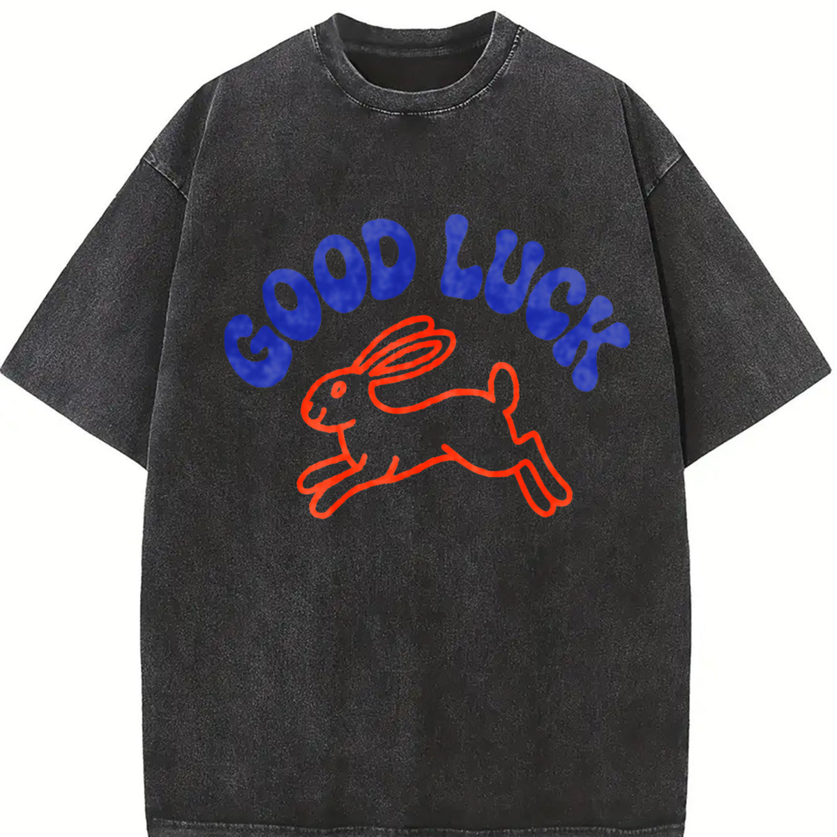 Retro Good Luck Rabbit Vintage Washed T-Shirt in Black