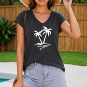 Sleeveless V-neck White Palm Tree Beach Women's Color Cotton Tank Top in Gray