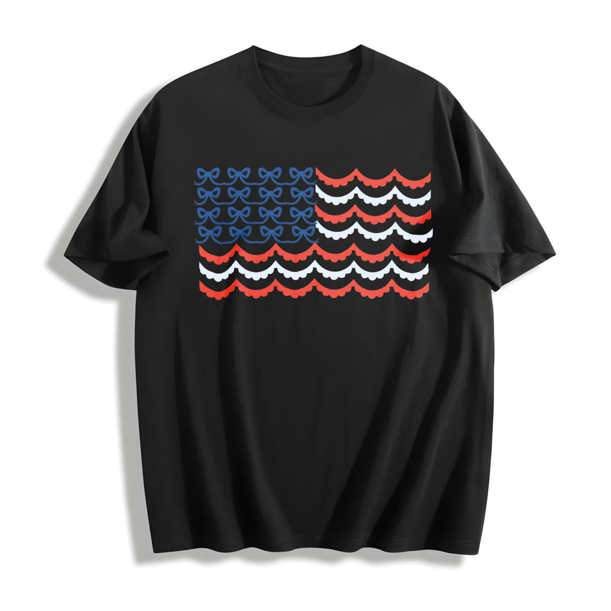USA Bow Coquette Embroidered Cotton T-Shirt in Black
