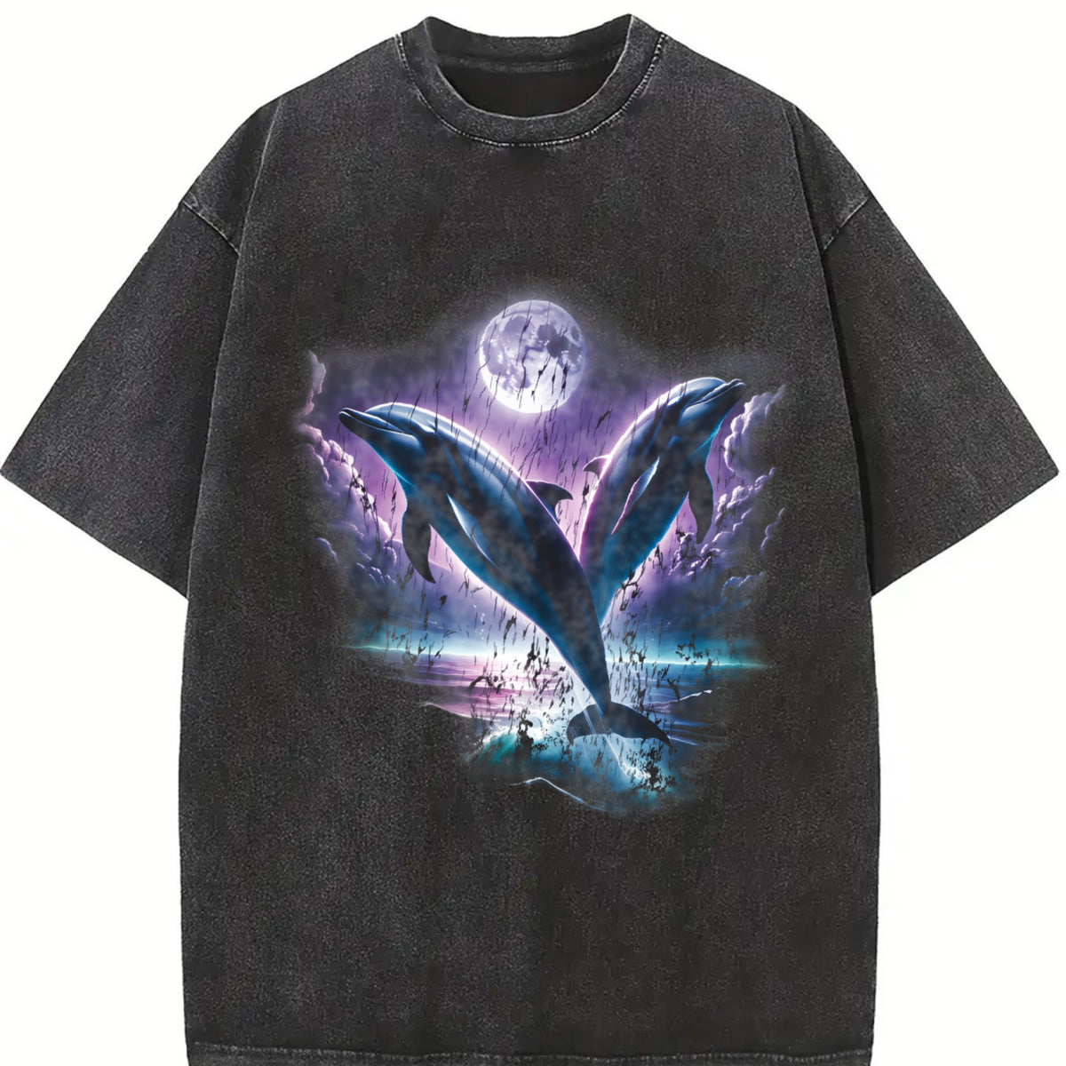 Two Dolphins Moon Ocean Mystical Dolfin Vintage Washed T-Shirt in Black