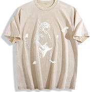 Rock Cat Guitar Playing Cat Vintage Washed T-Shirt in Beige