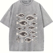 Flounder Fish 90s Retro ® Fisherman Y2k Vintage Washed T-Shirt in Gray