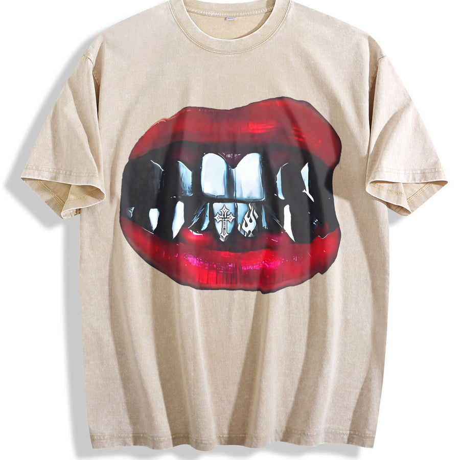 Gothic Vampire Lips Fangs Sleeveless Tank Vintage Washed T-Shirt in Beige