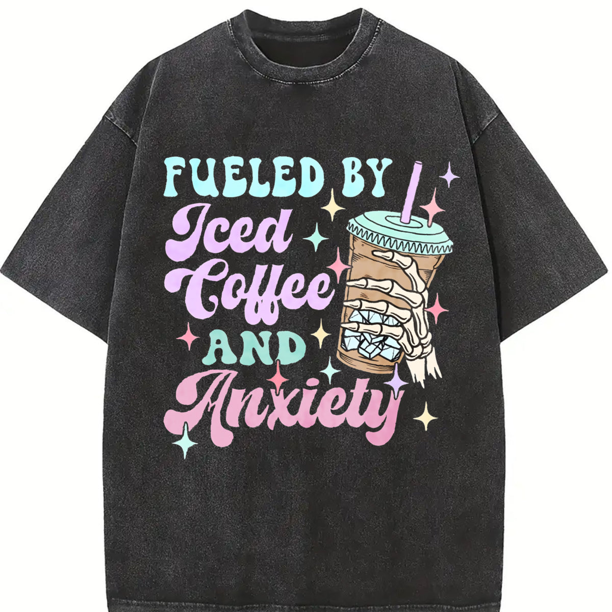 Iced Coffee & Anxiety Mental Awareness Vintage Washed T-Shirt in Black