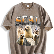 Seal Ocean Animal Bootleg Meme Vintage Washed T-Shirt in Brown