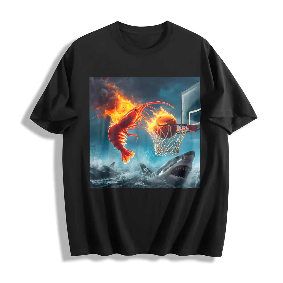 Premium Shrimp Dunking on Shark Fishing Meme Cotton T-Shirt in Black