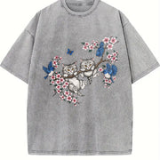 Kitten Cute Cats & Bluebirds Floral Vintage Washed T-Shirt in Gray