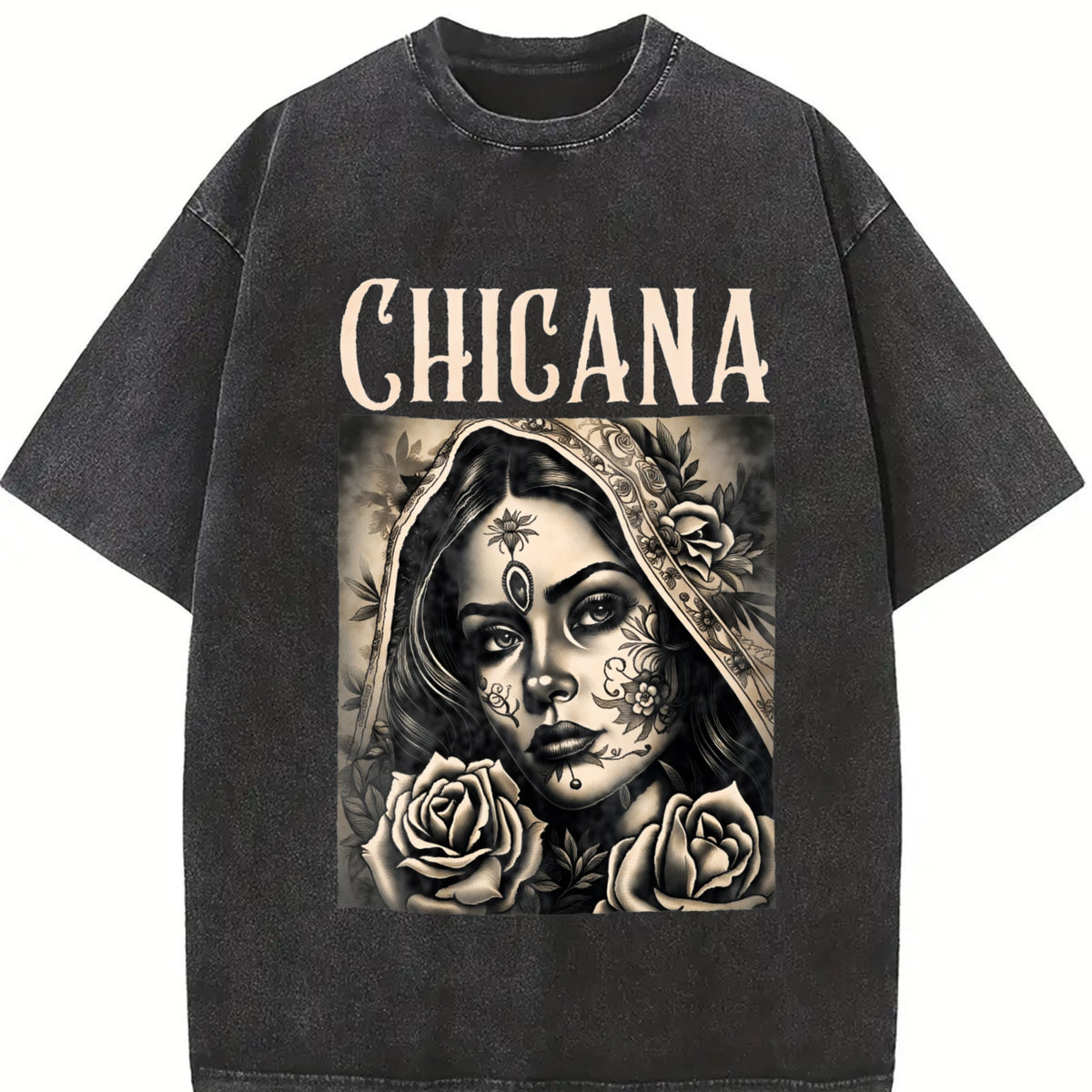 Chicana Chola Style Lowrider Mexican American Latina vintage washed oversized T-shirt in Black