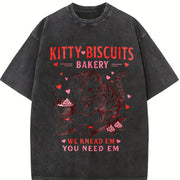 Valentines Cat Kitty Biscuits Bakery Vday Cat Lover vintage washed oversized T-shirt in Black