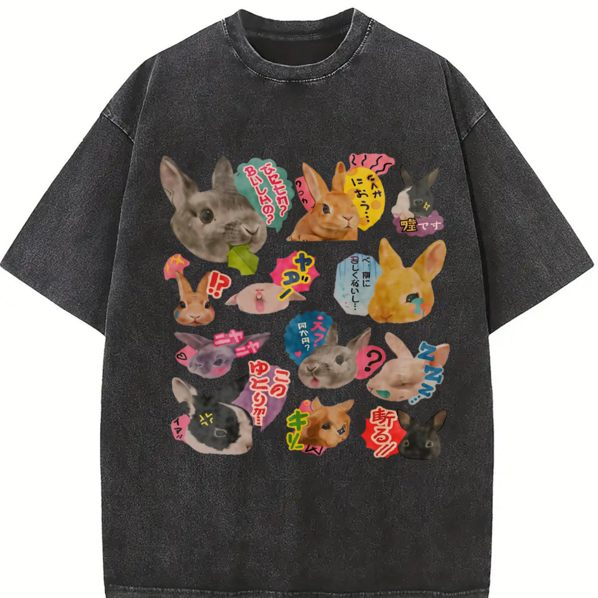 Y2K Bunny 90s Harajuku Vintage Washed T-Shirt in Black